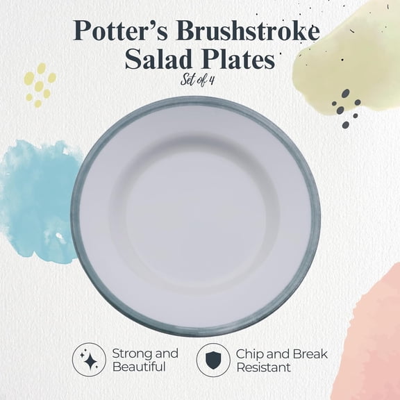 Dinner Plate Set (4) - 8" Earthenware Plates with Classic Green Rim - Microwave, Dishwasher, Oven, Freezer Safe