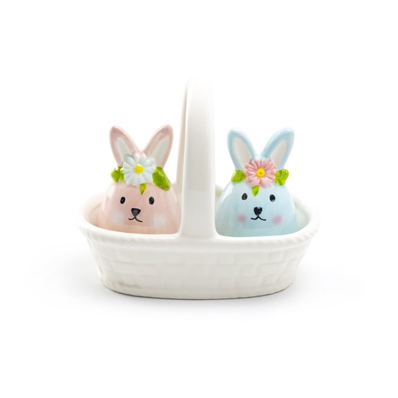 Potter's Studio Pink and Blue Egg Bunnies with White Basket Ceramic Salt and Pepper Shaker Set