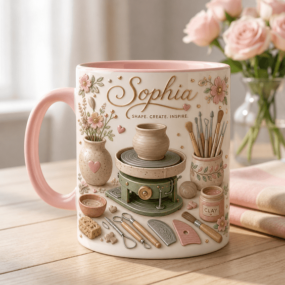 Pottery Artist Mug with 3D Effect Personalized Name, Clay Tools Coffee Cup Gift