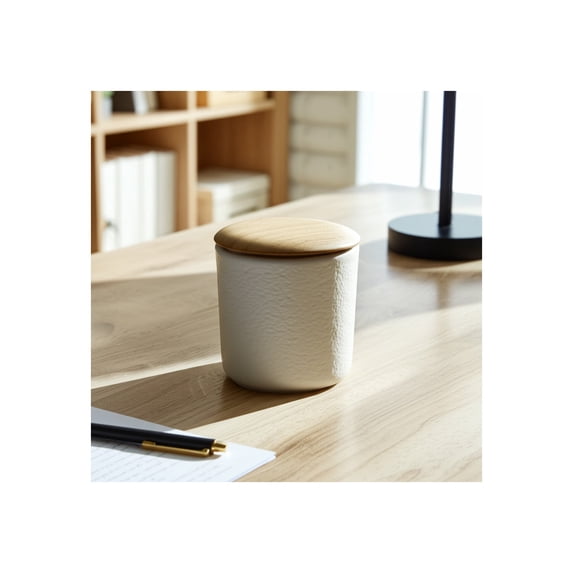 Pottery Candle with Wooden Lid - Handcrafted Wax Candle in Rustic Pottery Jar - Cozy Home Decor for Bedroom, Living Room & Office - Decorative Scented Candle - 4" Ivory