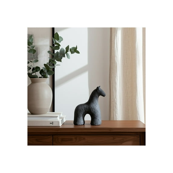 Pottery Cement Horse Figurine - Handmade Modern Home Decor Statue for Living Room, Bedroom, Office - Minimalist Shelf Accent for Desks & Tables - Rustic Cement Sculpture - 7" Black