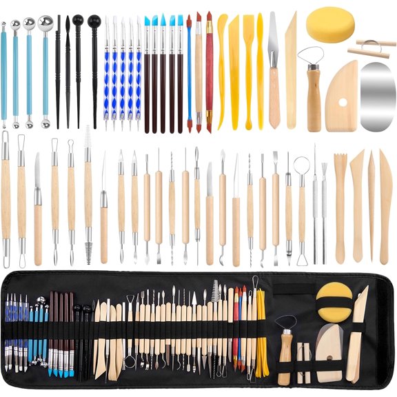 Pottery Clay Sculpting Tools Set, 61 Pcs Double Sided Ergonomically Designed Pottery Trimming Tools with Hardened Rustproof Metal Head and Carrying Case for Beginners, Professionals, School Students