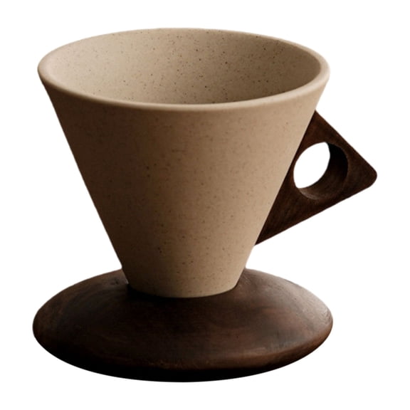 Pottery Coffee Mug with Wood Handle & Base 8.45oz Ceramic Triangle Cone Funnel Shaped Retro Tea Cup Dishwasher & Microwave Coffee Cup for Coffee, Tea, Cocoa, Espresso & Latte