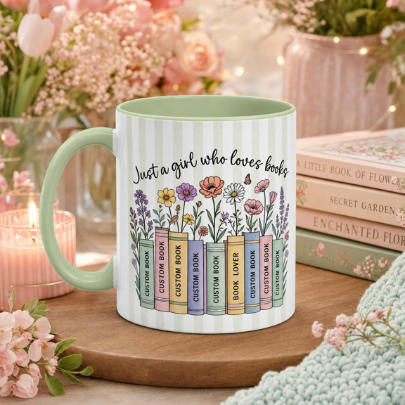 Pottery Mug Floral Custom Book Stack Coffee and Tea Cup for Book Lovers