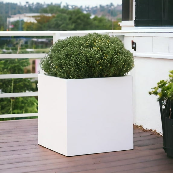 Pottery Pots USA Inc. Pottery Pots Block Fiberstone Indoor Outdoor Modern Square Planter, Glossy White White
