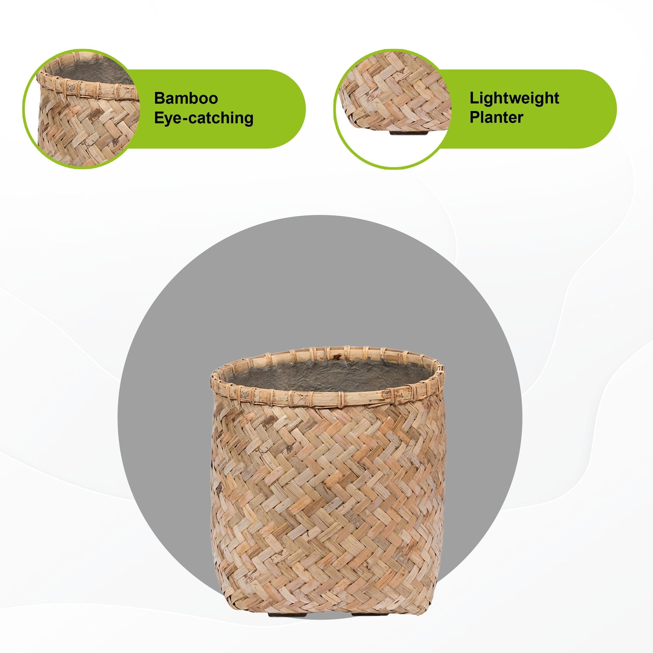 Natural Bamboo and Cement Round Indoor Outdoor Planter, 14.6"