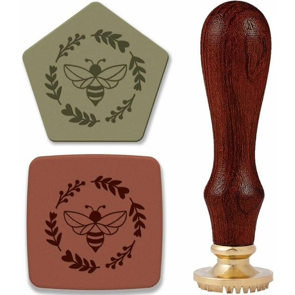 Pottery Stamp for Clay Handmade 1 inch(25mm) Wreath Bee Ceramics Stamp Removable Wood Head with Golden Handle Unique Imprints DIY Crafts Polymer Clay Tools Makers