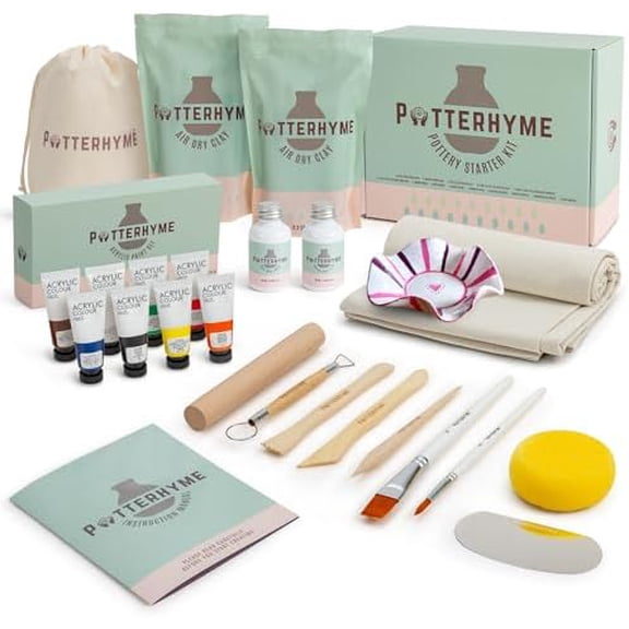 Pottery Starter Kit for Adults with Air Dry Clay Complete Deluxe Home Sculpting & Making Set with Tools, 8 Paint Colors & Varnish - DIY Home Ceramics for Beginners, Date Night Activities Gifts