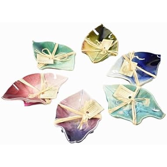 Pottery, Stoneware Hydrangea Leaf Spoon Rest, Tea Bag Coaster, Ring Dish or Tea Light Holder, Set of 6 in Summer Pastels: Soft Green, Summer Green, Blue, Teal, Purple & Pink