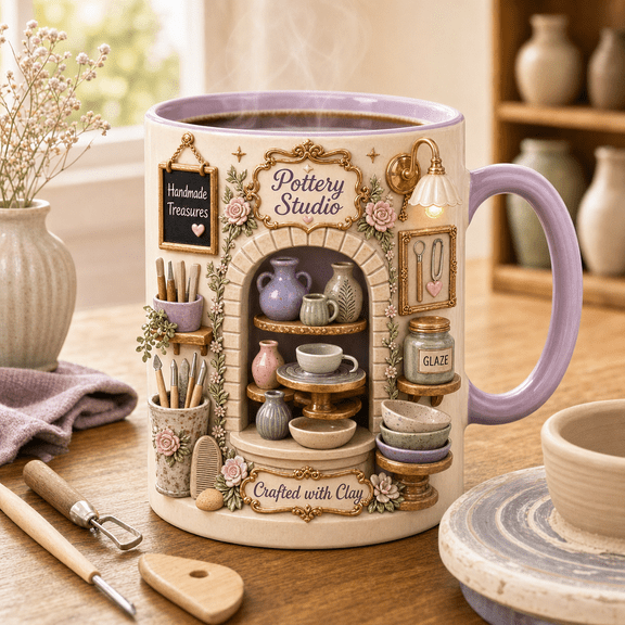 Pottery Studio Ceramic Coffee Mug, Handmade Treasures Gift for Potters & Clay Artists