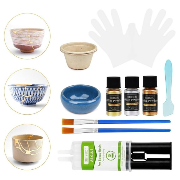 Pottery Tools Ceramic Repair Kit, Epoxy Glue, Gold & Silver Powder, Cup for DIY Beginners, Restore Porcelain & Clay