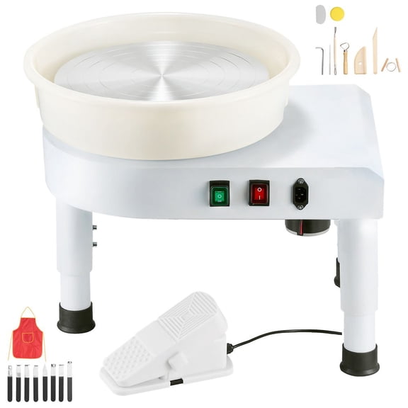 Pottery Wheel, 14 in Ceramic Wheel Forming Machine, 60-300 RPM Adjustable Speed with Foot Pedal Control, Detachable Basin, Adjustable Lift Leg, Complete Accessories for Home Pottery, DIY, White