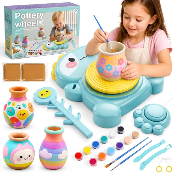 Carsky Pottery Wheel for Kids, Dinosaur Pottery Kit with Pedal Controller, 2 Clay Packs, 12 Color Cups, Brushes, Palette, Tools and Manual, DIY Craft Toy Gift for Boys Girls Ages 6+