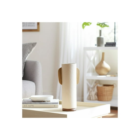 Pottery & Wood Decorative Vase - Handmade Rustic Modern Centerpiece - Mango Wood Base - Home, Office, Living Room, Bedroom Accent - 19" Ivory & Tan