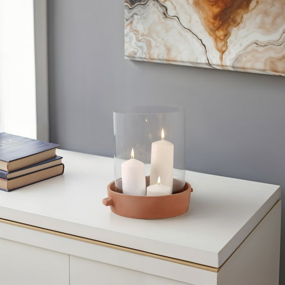 Pottery and Glass Pillar Candle Holder with Terracotta Base Stylish and Decorative Holder with a Modern Rustic Look