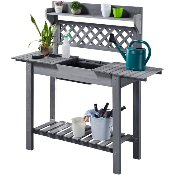 Potting Bench,Garden Workstation Table with Sliding Tabletop,Removable Dry Sink,Storage Shelves,Outdoor Garden Work Benches,Planter Bench,Plng Table ,Gray