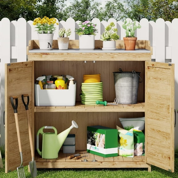 Lofka Wooden Garden Storage Potting Bench With Adjustable Shelves, Natural