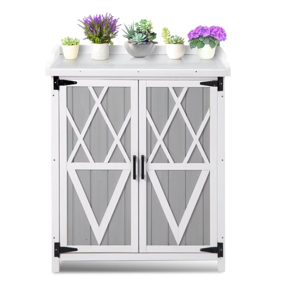 Potting Bench Outdoor with Metal Tabletop, Weatherproof