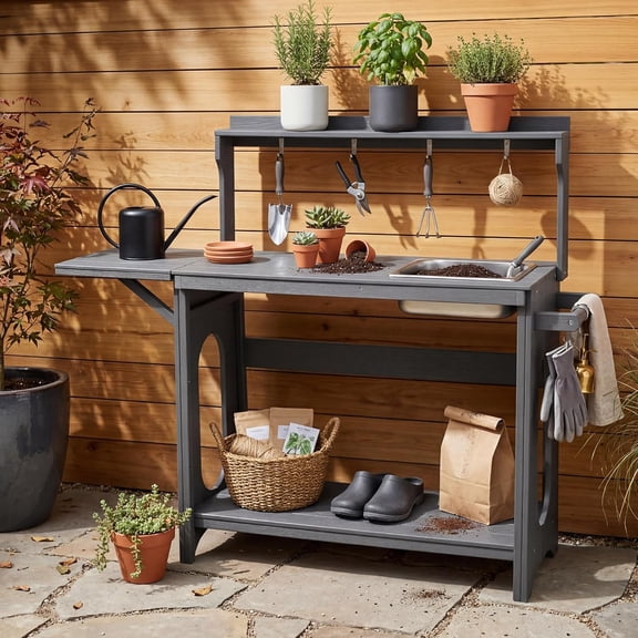 Potting Bench Outdoor with Foldable Extension & Removable Sink, HIPS Potting Table with Storage Shelves & Tool Hooks, All-Weather Garden Work Bench for Patio Backyard Deck, Potting Benches, Gray
