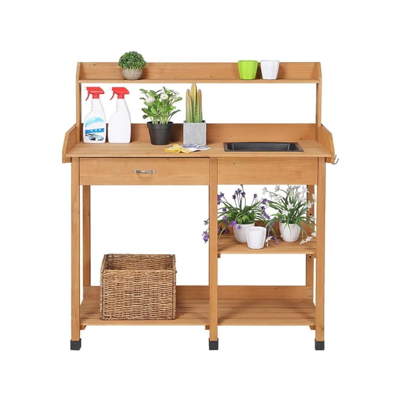 Potting Bench Outdoor Garden Work Table, 45.2x17.7x47.6 inch Large Workstation with Removable Sink, Drawer, Rack Shelves for Patio Backyard, Brown