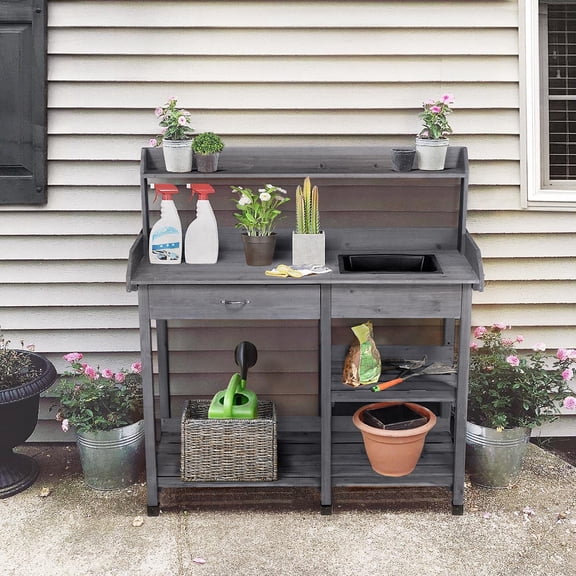 Potting Bench Outdoor Garden Work Table with Sink and Storage Shelves, Gray