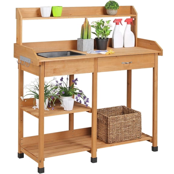 Potting Bench Outdoor, Gardening Work Bench Station with Sink, Solid Wood Planting Table for Horticulture, Sturdy Garden Organizer Rack with Drawer and Shelves, brown