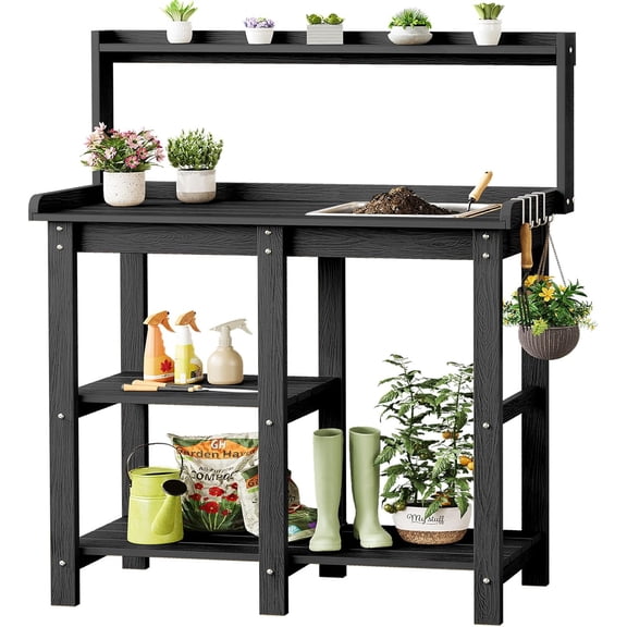 Potting Bench, Outdoor Potting Bench Table with Removable Sink, HDPS Potting Benches for Outside, Garden Table with Storage Shelves & 4 Side Hooks, No Rot, No Fade, No Break, 360lbs Capacity