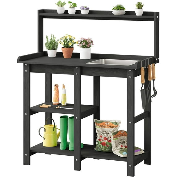 Potting Bench, Outdoor Potting Bench Table with Removable Sink, HDPS Potting Benches for Outside, Garden Table with Storage Shelves & 4 Side Hooks, No Rot, No Fade, No Break, 360lbs Capacity