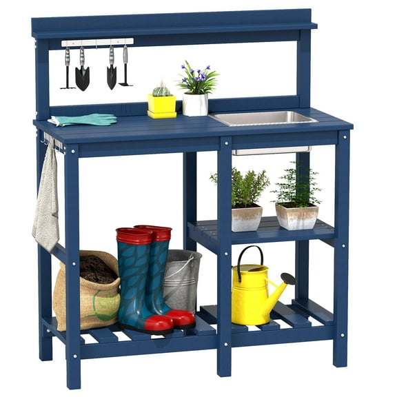 FOOWIN HDPE Outdoor Potting Table, Garden Potting Bench Table with Sink, Navy Blue
