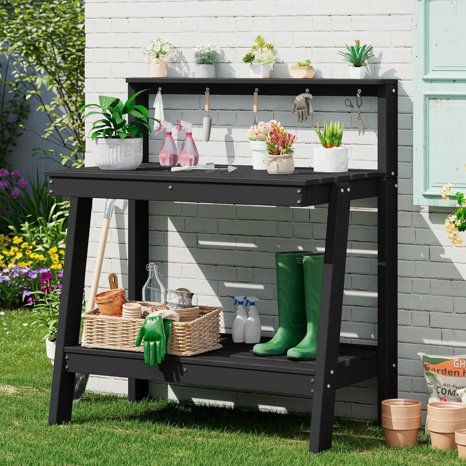 Potting Bench Outdoor with Storage, 3-Tier HDPE Gardening Table with ...