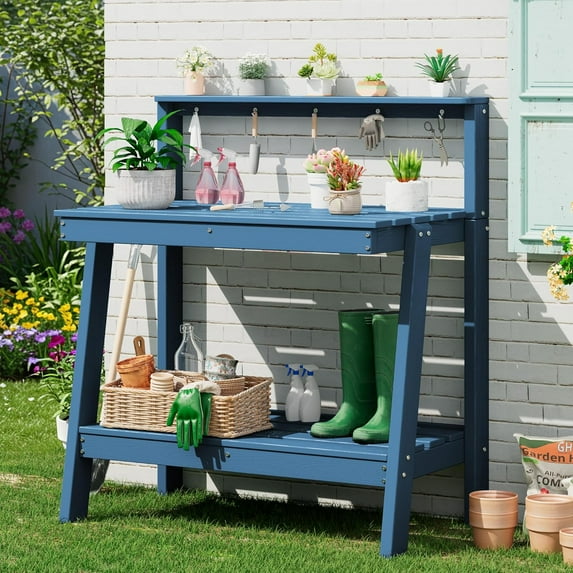Potting Bench Outdoor with Storage, 3-Tier HDPE Gardening Table with Angled Legs & Tool Hooks, All-Weather Heavy Duty Potting Table for Patio, Backyard, Garden, Blue