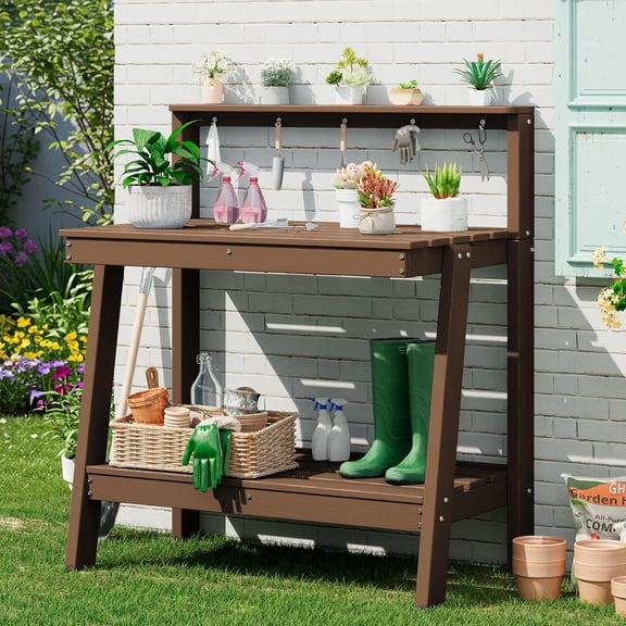 Potting Bench Outdoor with Storage, 3-Tier HDPE Gardening Table with Angled Legs & Tool Hooks, All-Weather Heavy Duty Potting Table for Patio, Backyard, Garden, Brown
