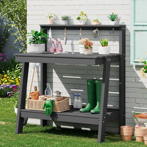 Potting Bench Outdoor with Storage, 3-Tier HDPE Gardening Table with Angled Legs & Tool Hooks, All-Weather Heavy Duty Potting Table for Patio, Backyard, Garden, Gray