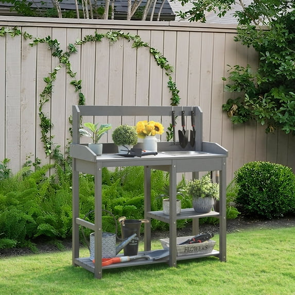 GONICHA Potting Bench, Poly Lumber Potting Table with Removable Stainless Steel Sink and Open Shelves,All-Weather Planting Table for Garden, Gray