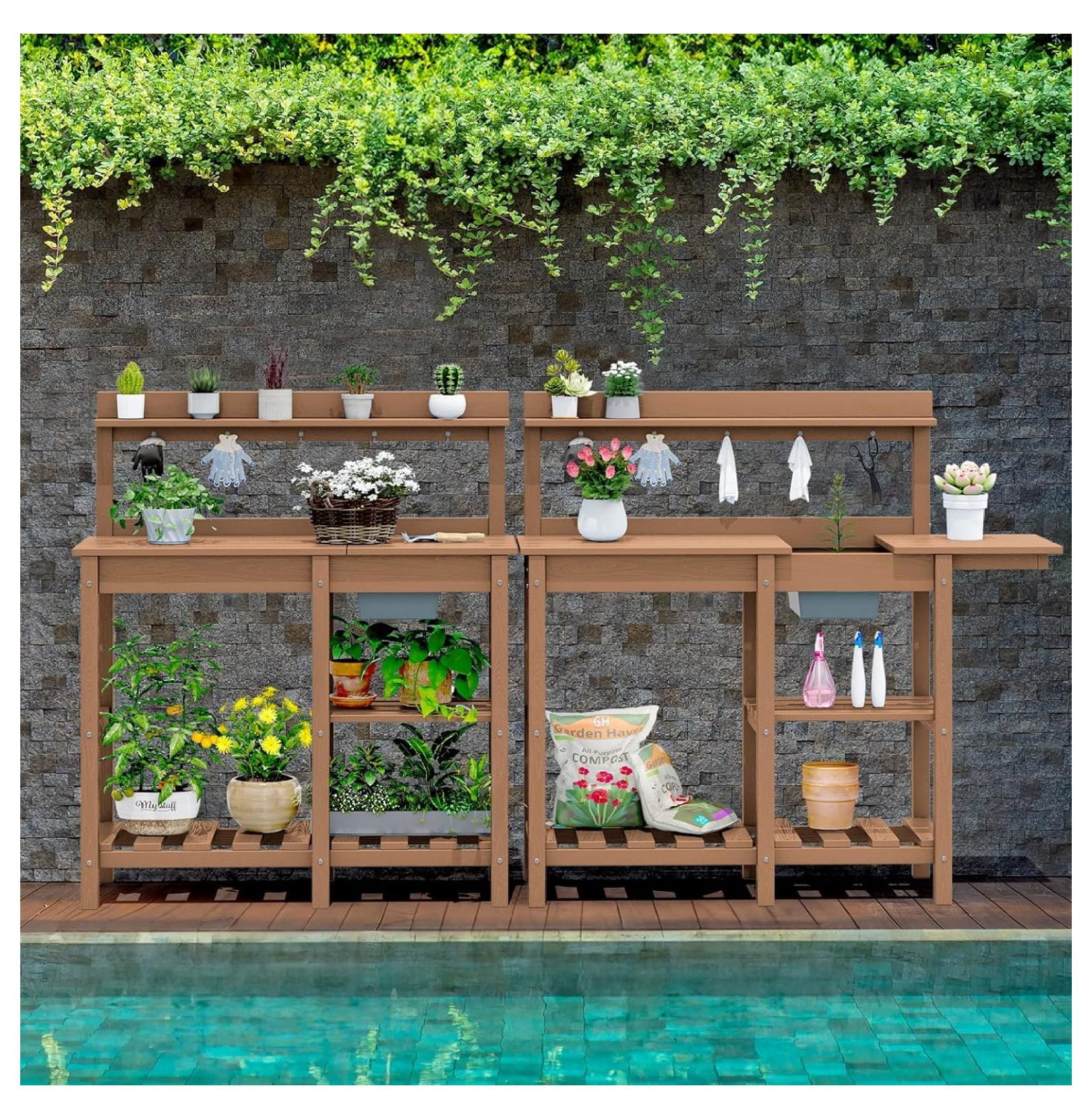 Potting Bench Set of 2 Outdoor Potting Table with Sink, HDPE Potting ...