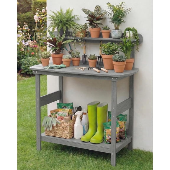 Potting Bench Table with 3-Tier Storage, HIPS Outdoor Gardening Table with 4 Self-Tapping Screws, Heavy Duty All-Weather Planting Bench with Curved Edges for Patio, Backyard, Garden(Gray)