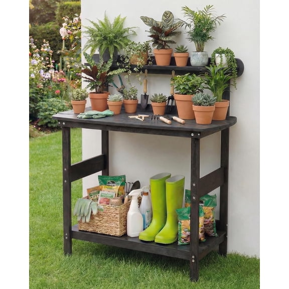 Potting Bench Table with 3-Tier Storage, HIPS Outdoor Gardening Table with 4 Self-Tapping Screws, Heavy Duty All-Weather Planting Bench with Curved Edges for Patio, Backyard, Garden(Black)