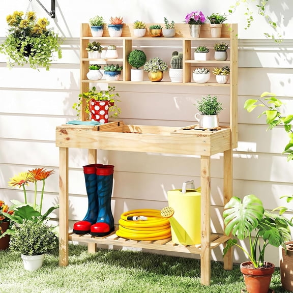Potting Bench Table, 60 Wood Garden Work Bench Workstation with Storage, Flip-Up Tabletop, Shelves & Hanging Hooks, Outdoor Garden Table for Patio, Lawn & Porch