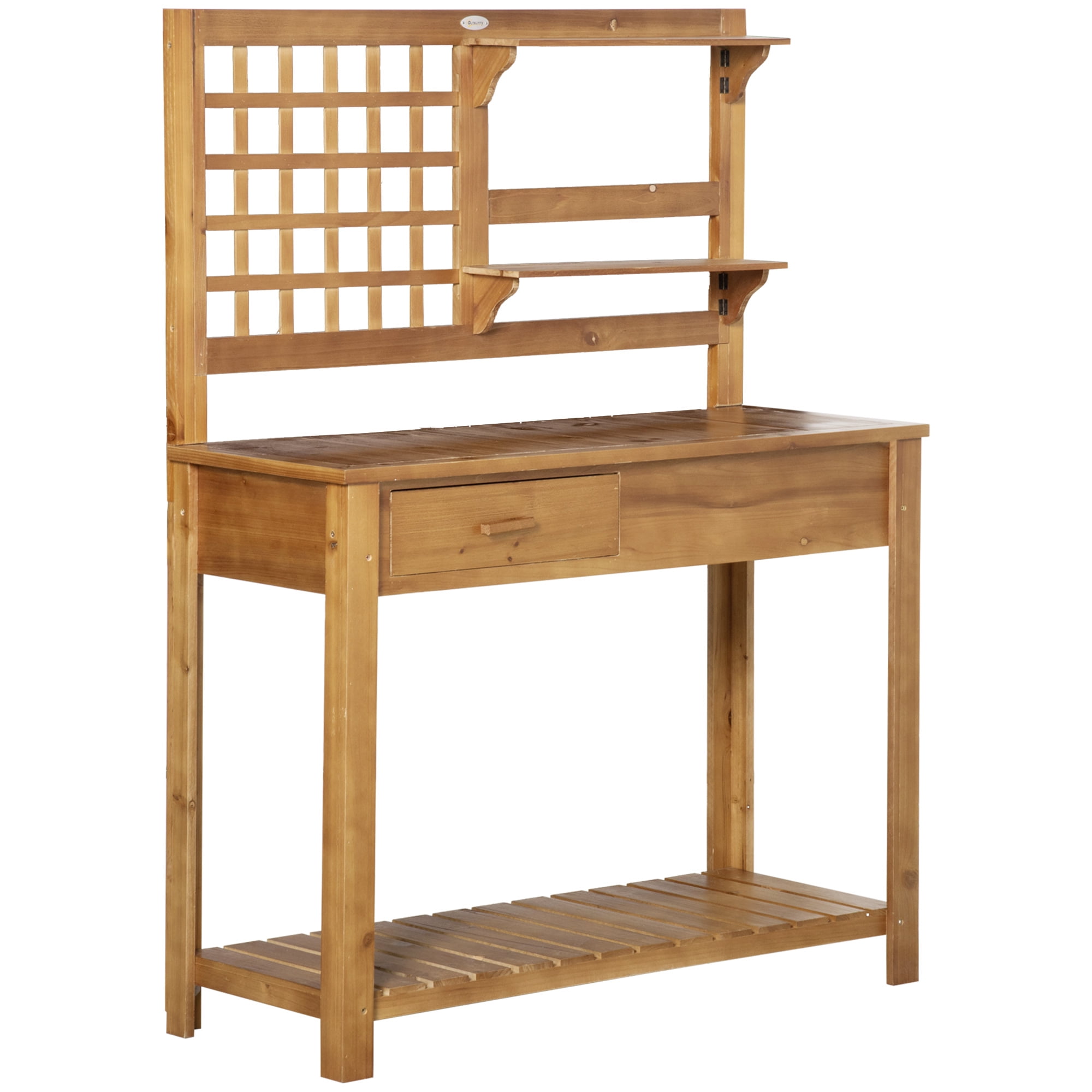Potting Bench Table, Garden Work Bench, Outdoor Wooden Workstation with Tiers of Shelves and Drawer for Patio, Courtyards, Balcony, Brown