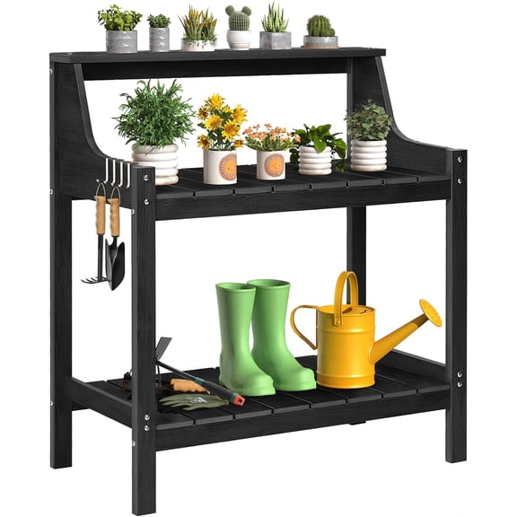Potting Bench Table, HDPS Potting Bench with 4 Side Hooks, All-Weather Garden Table Work Station, Outdoor Potting Table for Porch, No Rust, No Fade, No Break, 360lbs Capacity (Black, Large)