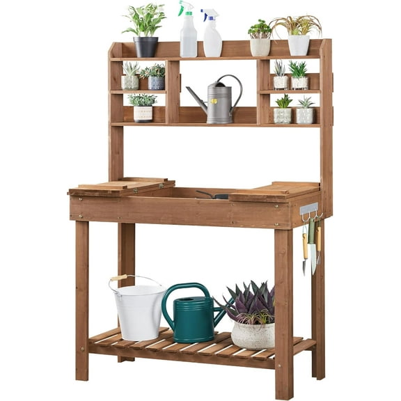 Potting Bench Table, Horticulture Germination Table & Outdoor Garden Work Bench Platform with Display Rack, Storage Shelf, Hanger, Thoughtful Sink, Brown