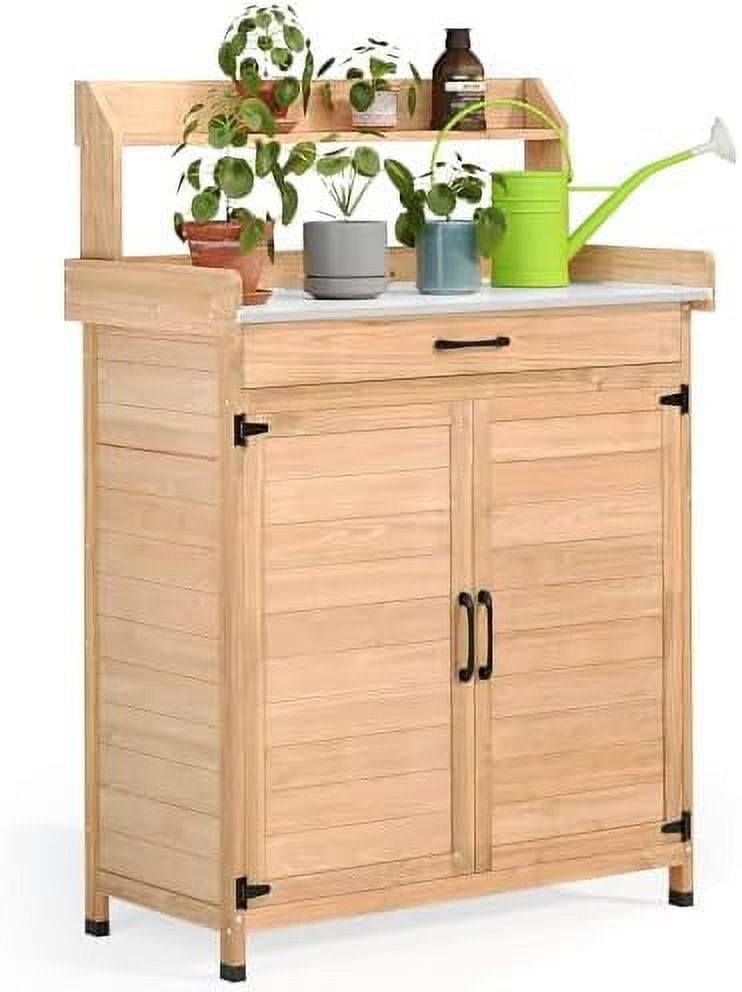 Potting Bench Table Outdoor Weatherproof with Metal Tabletop