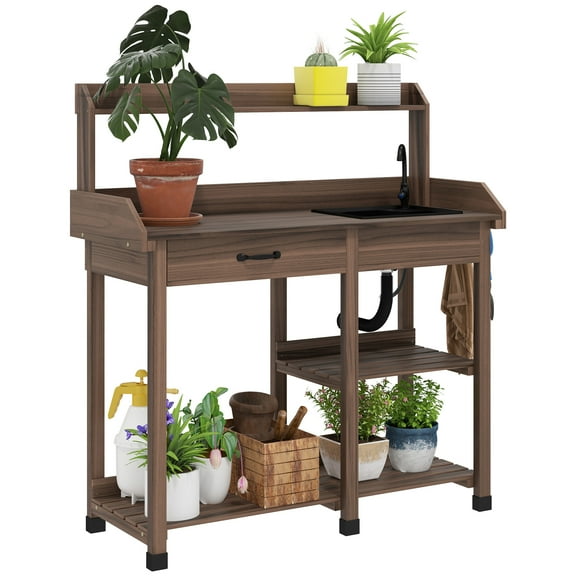 Potting Bench Table, Outdoor Garden Table Wooden Work Station with Removable Sink, Faucet, Drawer, Shelves, Hooks, Dark Brown