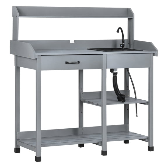 Potting Bench Table Outdoor Garden Work Station with Sink & Shelves - Gray Wooden Planting Table with Drawer & Hooks - Durable Garden Table for Planting