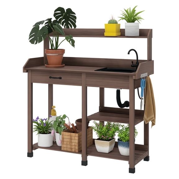 Potting Bench Table Outdoor Garden Work Station with Sink, Drawer & Shelves - Dark Brown