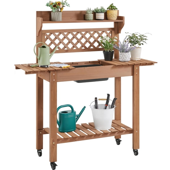 Potting Bench Table, Outdoor Garden Workstation with Sliding Tabletop, Removable Sink, Storage Shelf for Horticulture, Backyard Patio, Brown