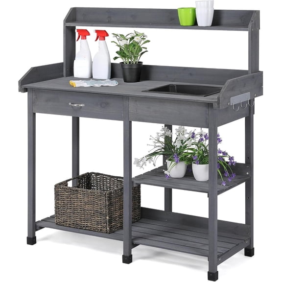 Potting Bench Table Potters Benches Garden Workstation for Horticulture with Drawer/Adjustable Shelf Rack/Removable Sink/Hooks/Pads,Gray