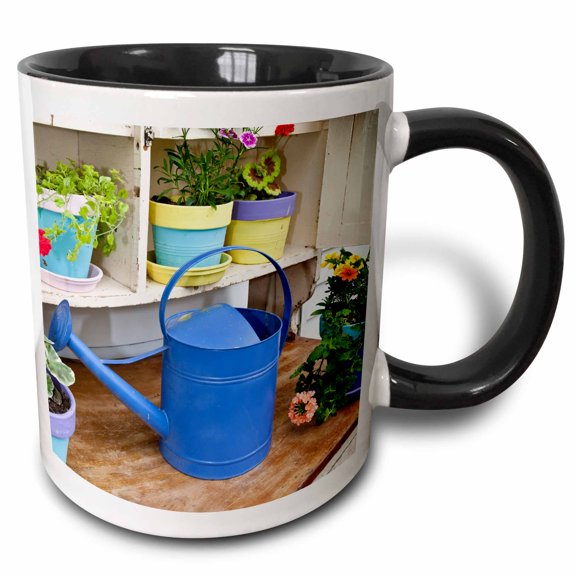 3drose, Potting Bench with Potted Flowers and Watering Can, 15oz Two-tone Black Mug