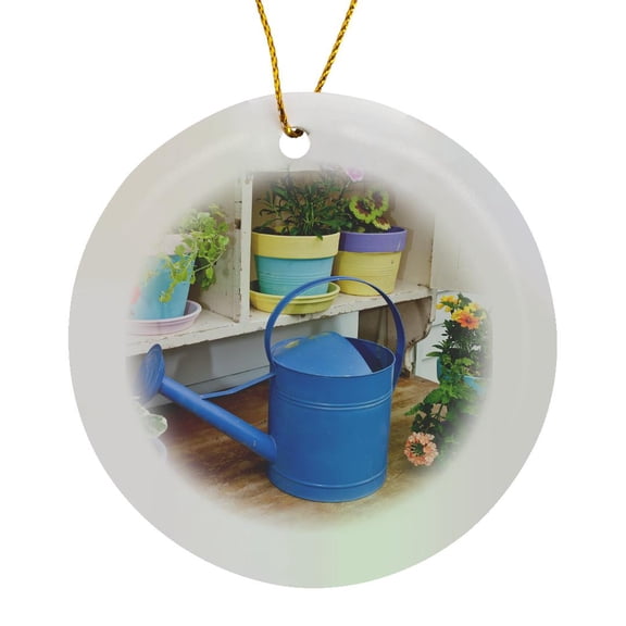 3drose, Potting Bench with Potted Flowers and Watering Can, Circle Porcelain Ornament