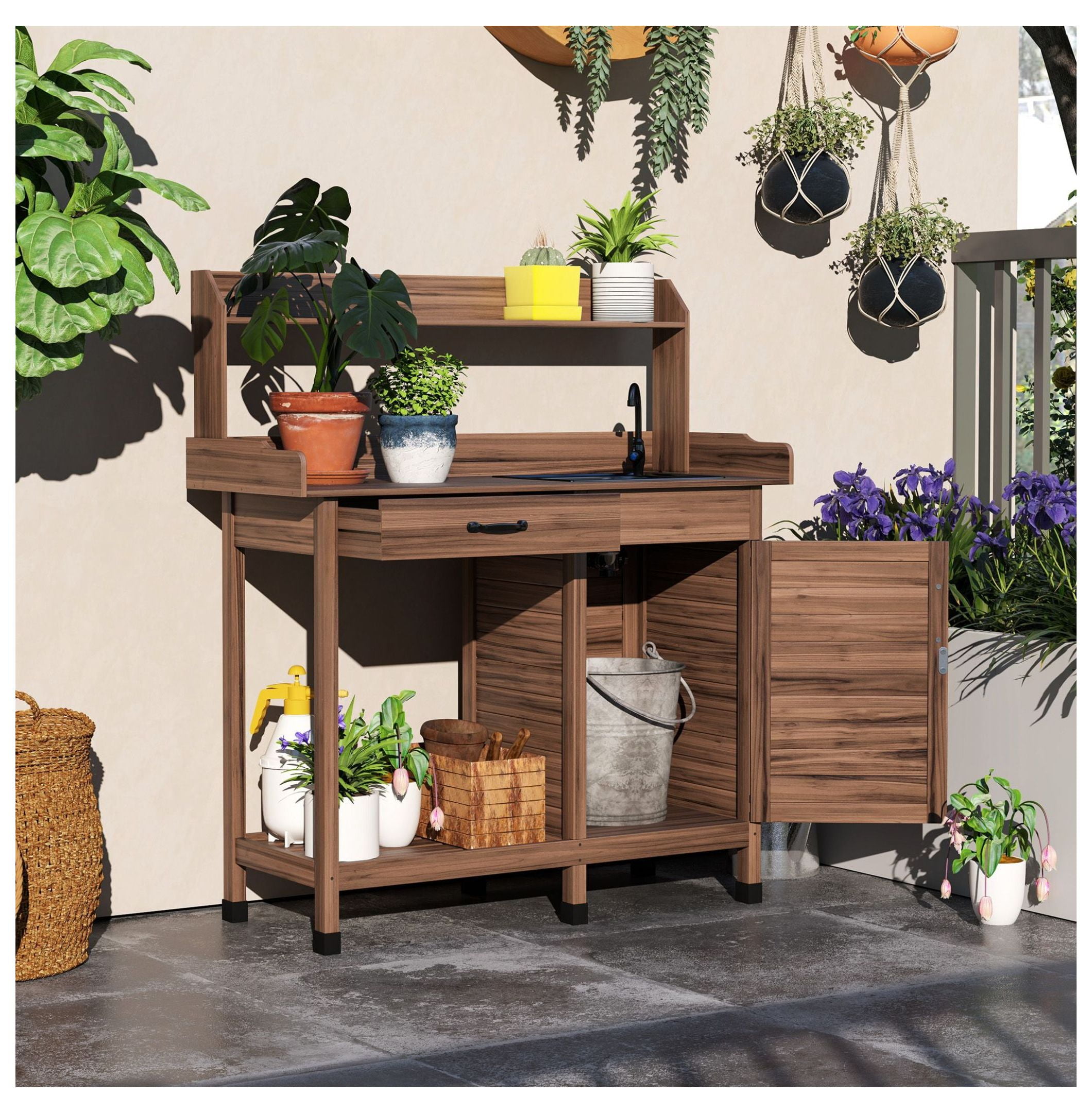 Potting Bench with Sink, Outdoor Work Table, Garden Station with ...